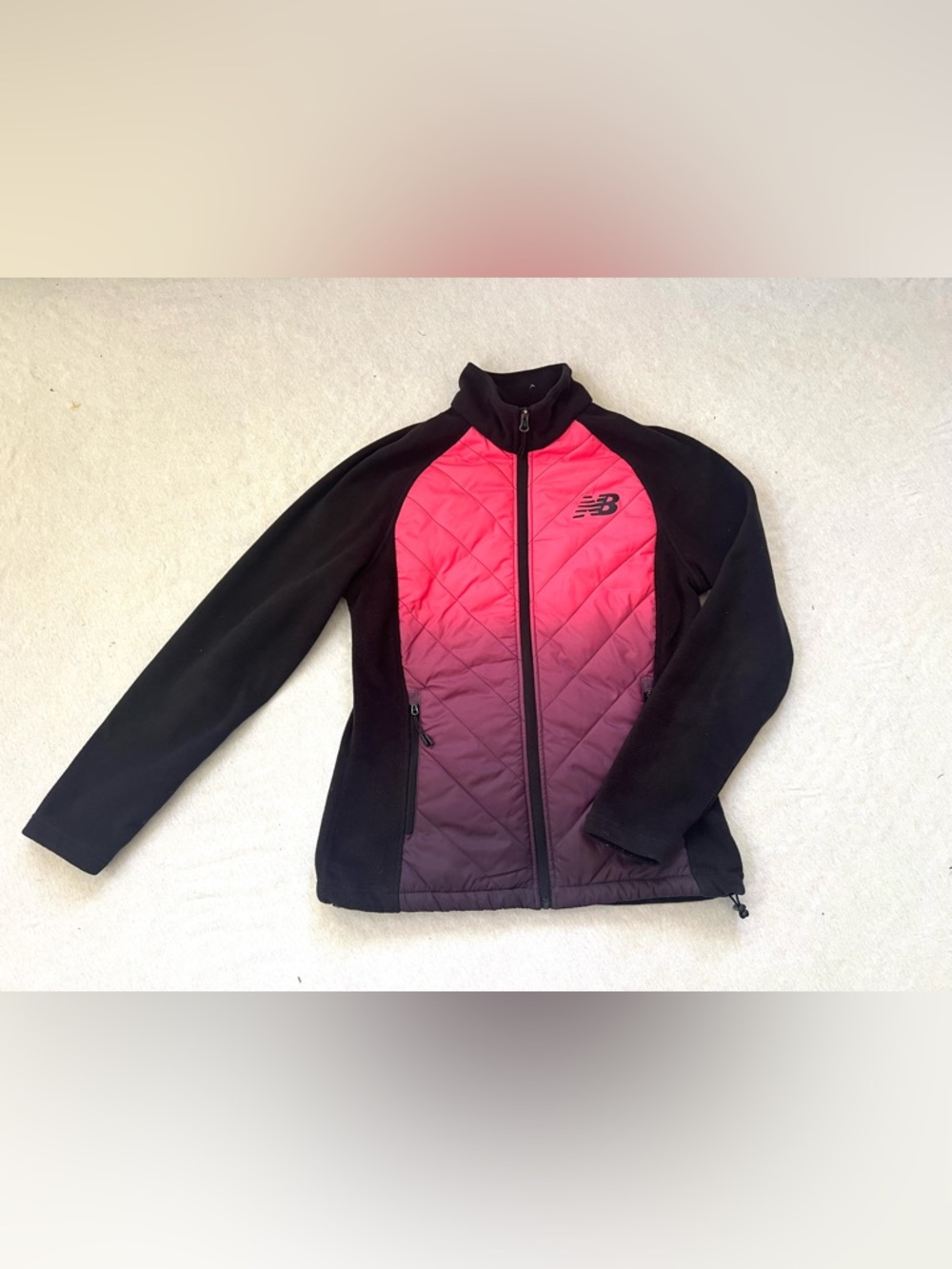 Gorpcore New Balance Women's Pink Ombre Quilted Jacket with Black Sleeves